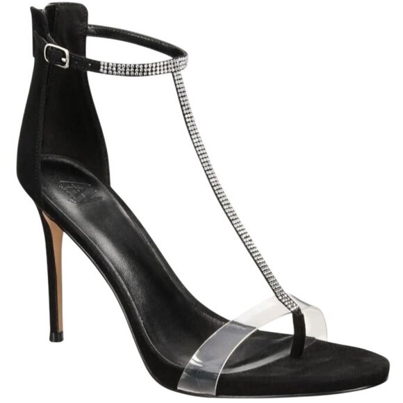 Aaj By Aminah Shoes - Aaj‎ By Aminah ANIYA T-Strap Embellished Ankle Strap Heels in Black, Size 8.5